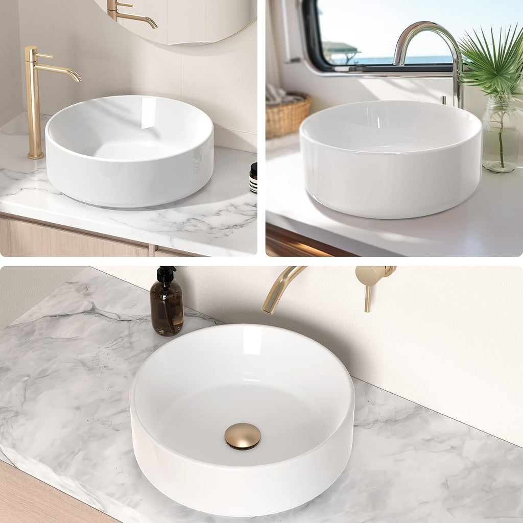 KES 16 Inch Round Vessel Sink, Bowl Sink for Bathrooms, White Ceramic