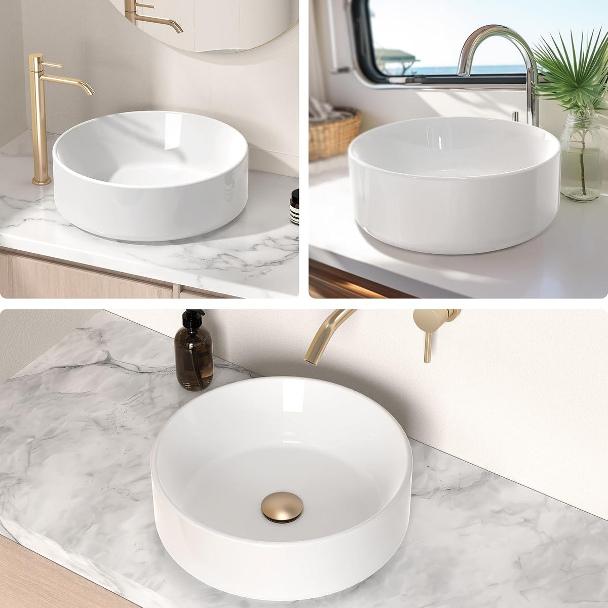 KES 16 Inch Round Vessel Sink, Bowl Sink for Bathrooms, White Ceramic