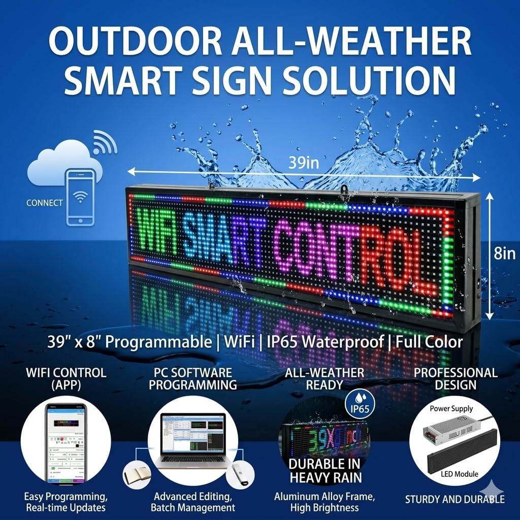 Programmable LED Sign Outdoor Full Color â 39"x8" Scrolling Message Board, Custom Digital Advertising Display, WiFi Control, High Brightness Neon Business Sign for Store, Bar, Restaurant