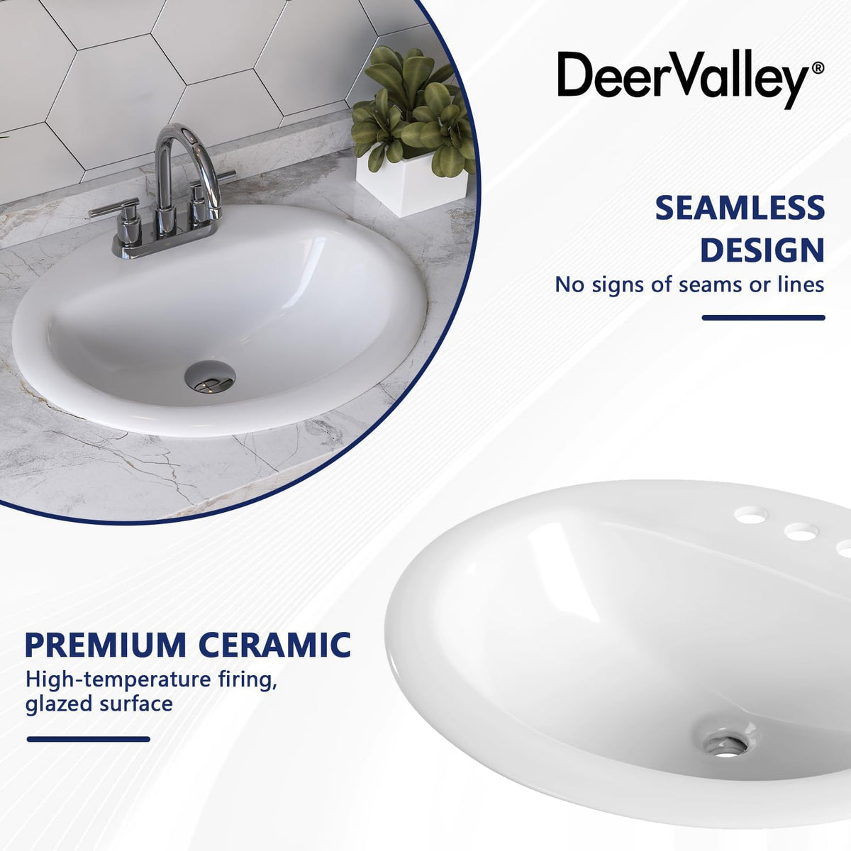 DeerValley Modern Drop In Bathroom Sink White 20"x17" Oval Vanity Art Basin