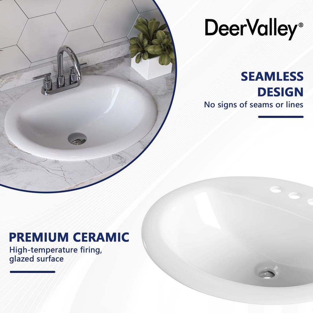 DeerValley Modern Drop In Bathroom Sink White 20"x17" Oval Vanity Art Basin