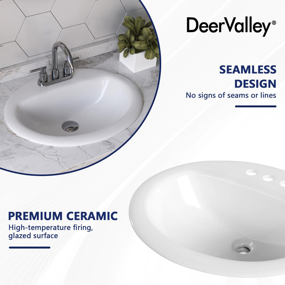 DeerValley Modern Drop In Bathroom Sink White 20"x17" Oval Vanity Art Basin