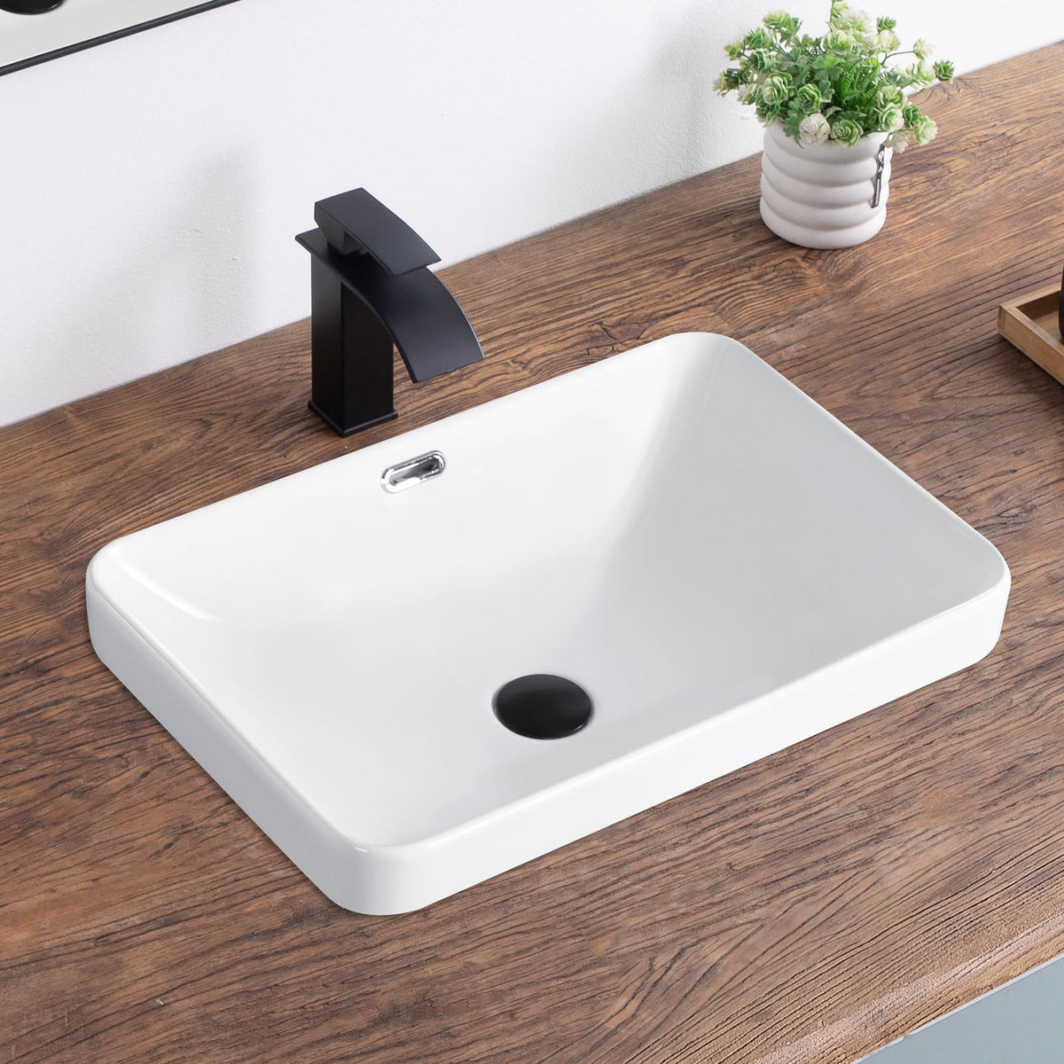 Bathroom Vessel Sink 16.7" X 12.6" Semi Recessed Bathroom Sink Rectangular Drop In Bathroom Sinks with Overflow White Ceramic Vessel Sinks for Bathroom Modern Above Counter Basin Vanity Sink