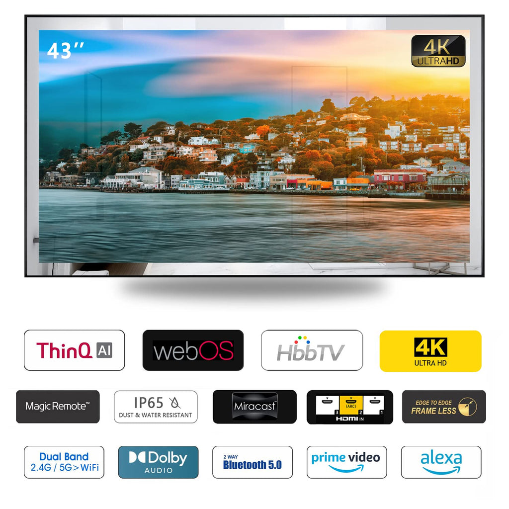 Soulaca 55 inches Smart Waterproof Mirror TV 4K UHD webOS Built-in ATSC DTV Tuner Voice Control, Large Bathroom & Indoor Hotel Resort Television Wall-Mount Big Screen Pool