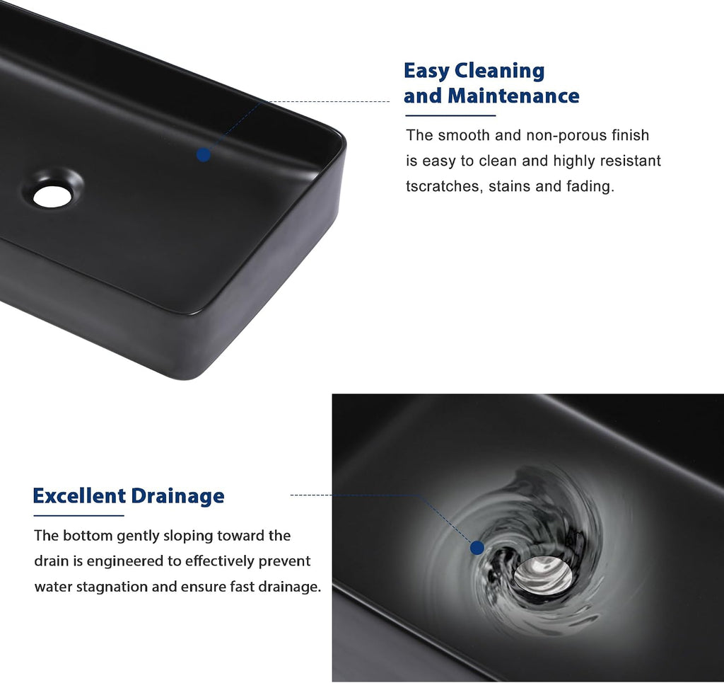 Sarlai Black Vessel Sink Rectangular - 24"x14" Modern Bathroom Vessel Sink Rectangle Above Counter Black Ceramic Porcelain Lavatory Vanity Sink Art Basin