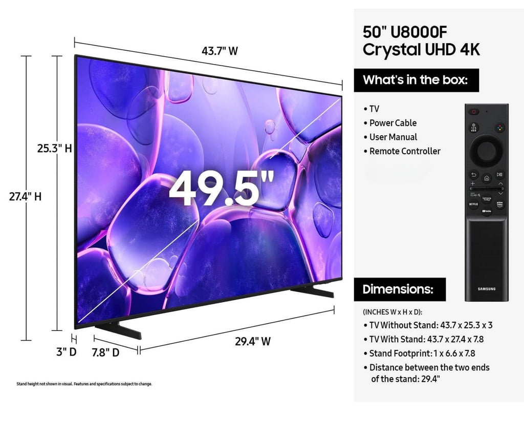 Samsung 43 Inch Smart TV 2025 Class U8000 Series Crystal UHD 4K Smart Tizen TV with Bluetooth, Motion Xcelerator(Renewed)