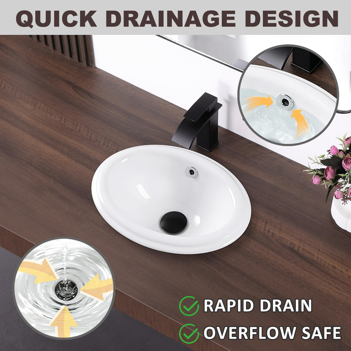 Small Bathroom Vessel Sink 16.7'' x 12.6'' Semi Recessed Bathroom Sink Rectangular Drop-in Vanity Sink with Overflow White Ceramic Modern Art Basin