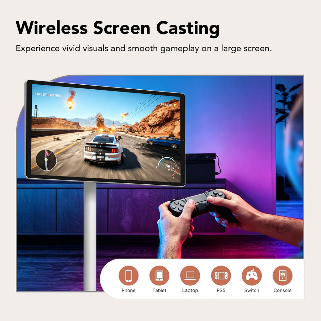32-Inch FHD Smart Portable TV, Rolling TV on Wheels, Built-in Battery, Android 15 OS, Touch Screen Monitor, 6GB RAM + 128GB Storage, 8MP Camera, Full Swivel Rotation, Voice Remote