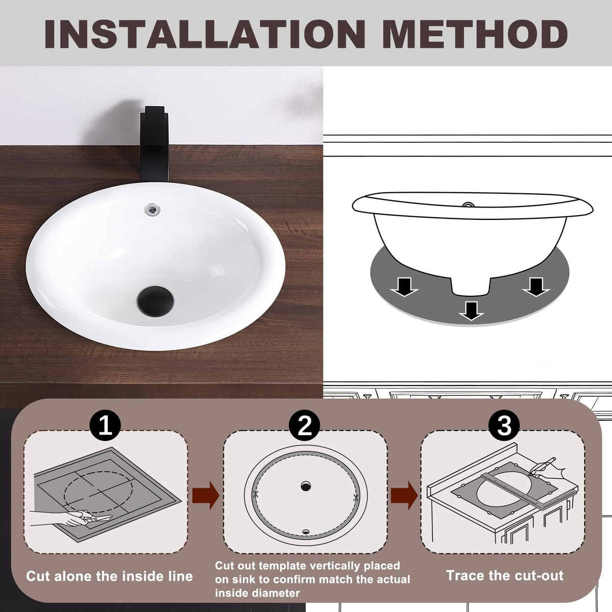 Small Bathroom Vessel Sink 16.7'' x 12.6'' Semi Recessed Bathroom Sink Rectangular Drop-in Vanity Sink with Overflow White Ceramic Modern Art Basin