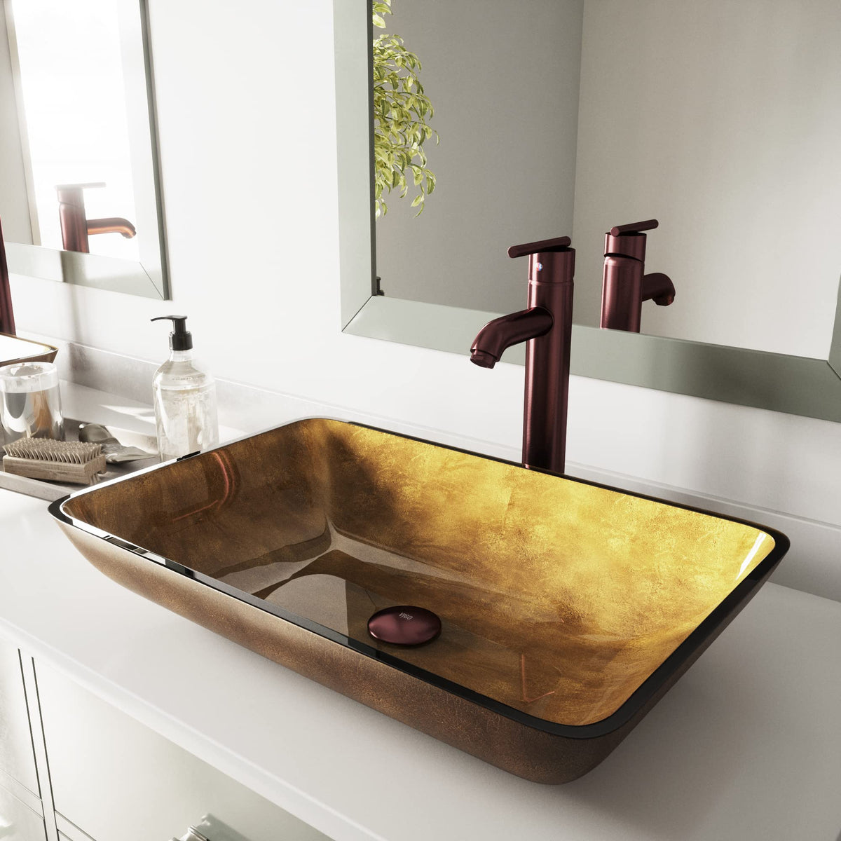 Vigo Vessel Sink Brown - 23â Artistic Rectangular Bathroom Vessel Sink, Tempered Glass Above Counter Sink with NonStickShield & QuickDrain, Modern Luxury Design
