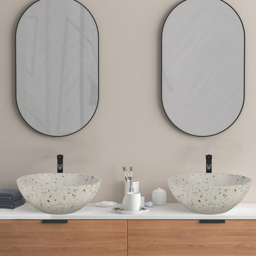 Design Vessel Sink Concrete Bathroom Sink above Counter Small Vessel Sink Bathroom Sink Bowl Countertop Modern Sinks with Faucet and Drain Combo 15.7" Round Gray