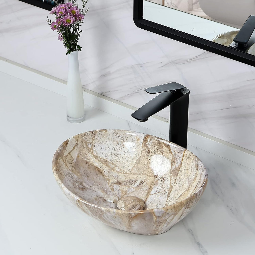 Davivy 16'' X 13'' Nordic Marbling Oval Vessel Sink with Pop Up Drain,Ceramic Vessel Sink,Bathroom Sinks Above Counter,Bathroom Vessel Sinks,Counter top Sink,Oval Sink Bowls for Bathroom