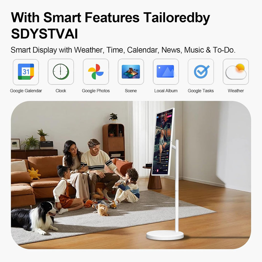 32-Inch FHD Smart Portable TV, Rolling TV on Wheels, Built-in Battery, Android 15 OS, Touch Screen Monitor, 6GB RAM + 128GB Storage, 8MP Camera, Full Swivel Rotation, Voice Remote