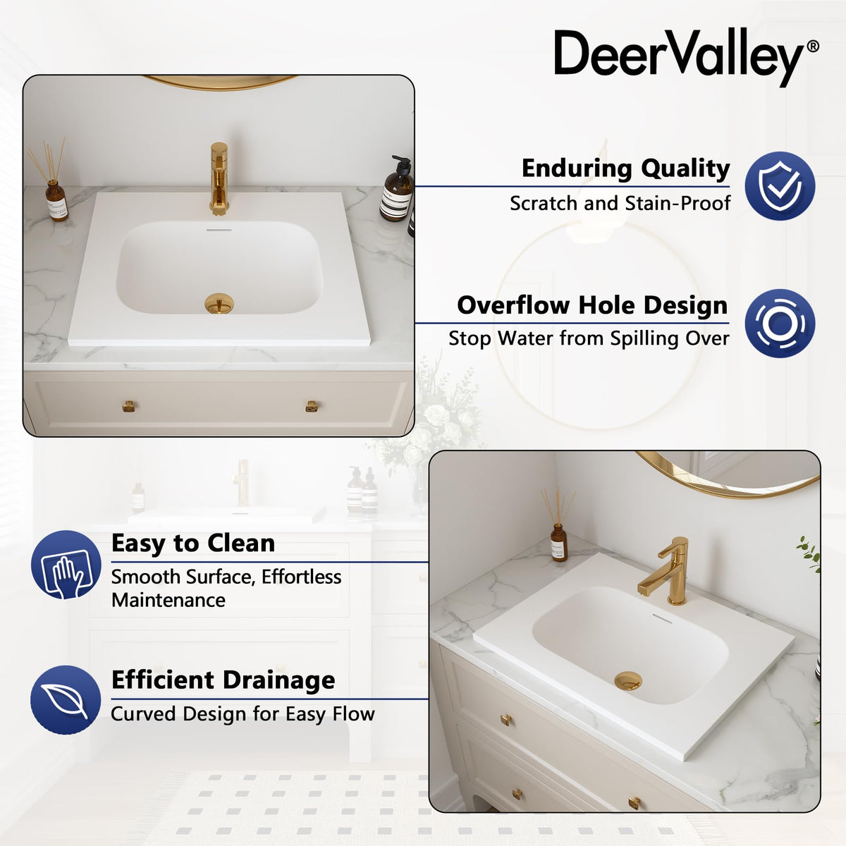 DeerValley Modern Drop In Bathroom Sink White 20"x17" Oval Vanity Art Basin