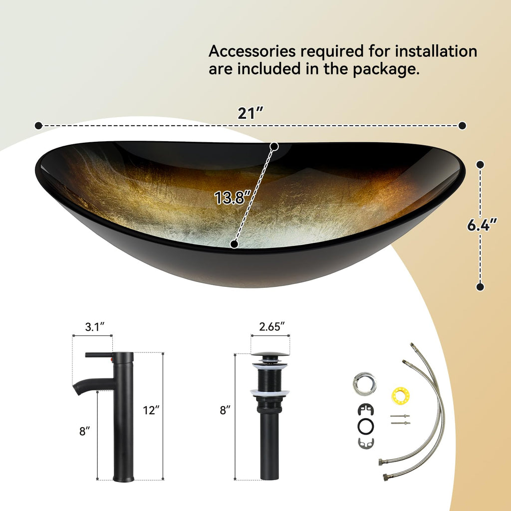 YOURLITE Bathroom Artistic Vessel Sink, Tempered Glass Countertop Bowl Sink