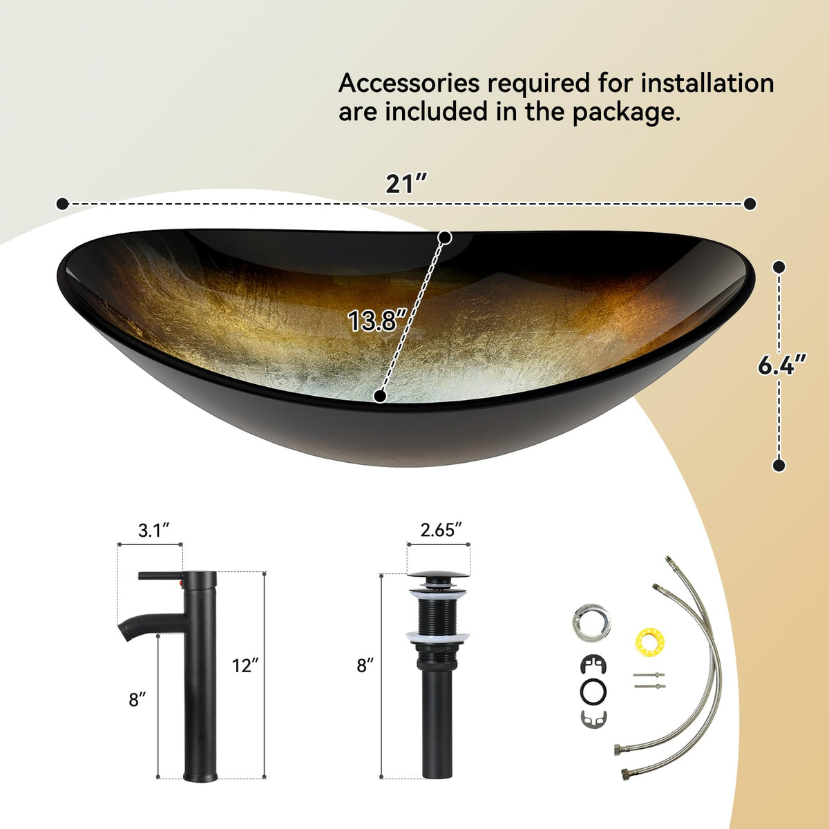 YOURLITE Bathroom Artistic Vessel Sink, Tempered Glass Countertop Bowl Sink