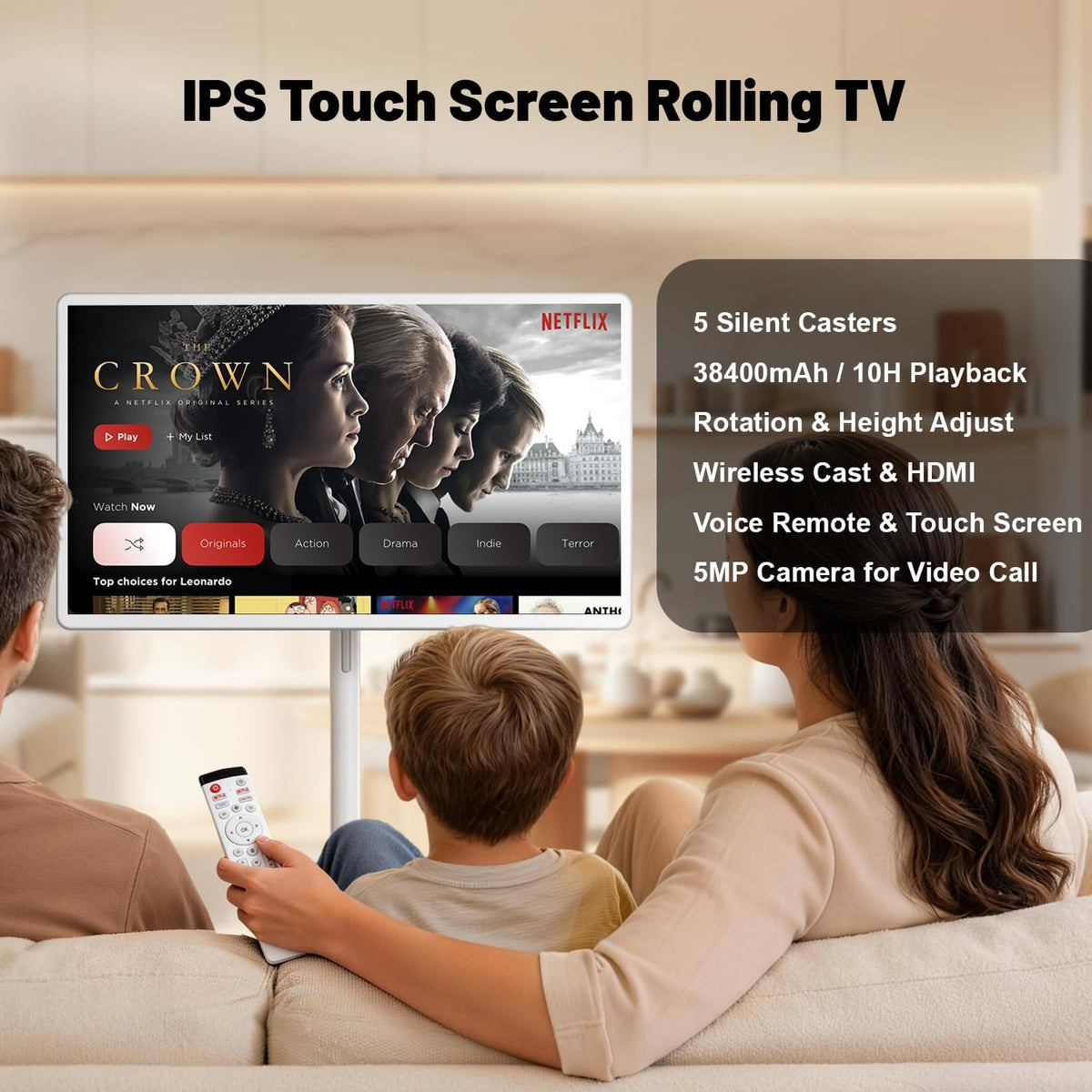 VLH 32 Inch Smart Portable TV Tablet with Rolling Stand, 1080P Touch Screen Rolling TV, Built-in 38400mAh Battery, Android 15, 8+128GB Wireless TV on Wheels with Remote, 360Â° Rotation, 5MP Camera