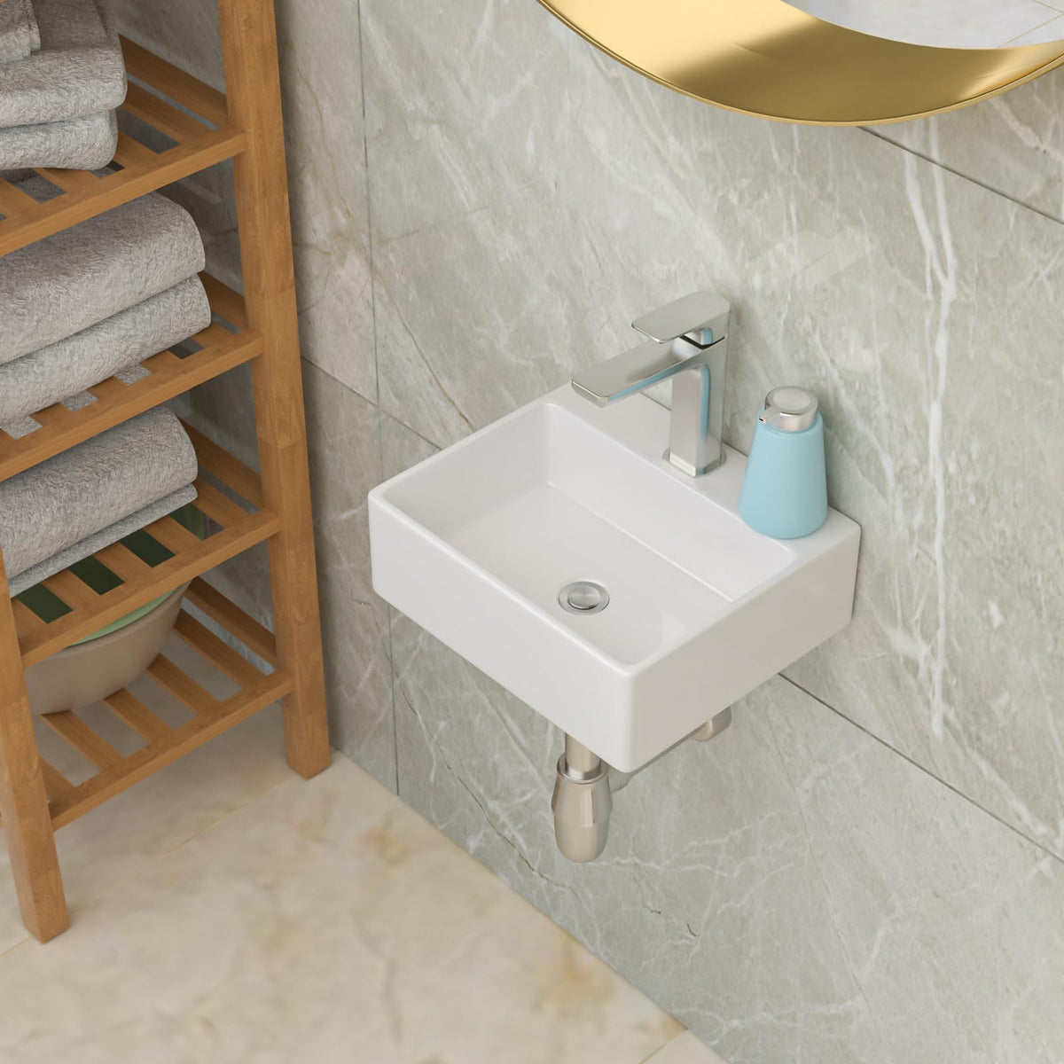 Lordear Wall Mounted Vessel Sink 16x11 Inch, U-Shape White Porcelain Bathroom Sink with Black Faucet and Support Pedestal Legs, Wall Hung Vanity Sink with Towel Rack for Small Bathrooms