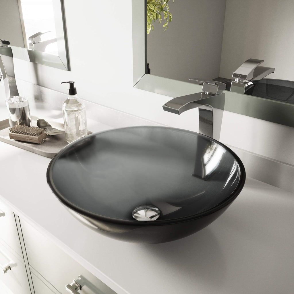 Vigo Vessel Sink Copper - 17â Artistic Round Bowl Sink for Bathrooms, Tempered Glass Above Counter Bathroom Sink with NonStickShield, QuickDrain & TempGuard, Modern Luxury Design