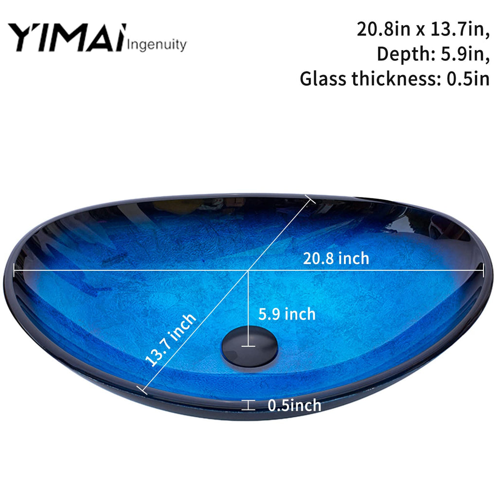 Vessel Sink Bathroom Sinks Tempered Glass Art Basin 20.8"x13.7" Oval Bowl Above Counter with Faucet and Pop-Up Drain Combo, Oval Clear Grey,Modern Countertop Bowl Sink