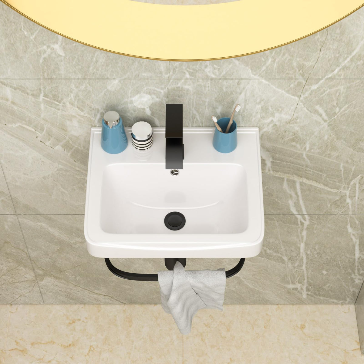 Lordear Wall Mounted Vessel Sink 16x11 Inch, U-Shape White Porcelain Bathroom Sink with Black Faucet and Support Pedestal Legs, Wall Hung Vanity Sink with Towel Rack for Small Bathrooms