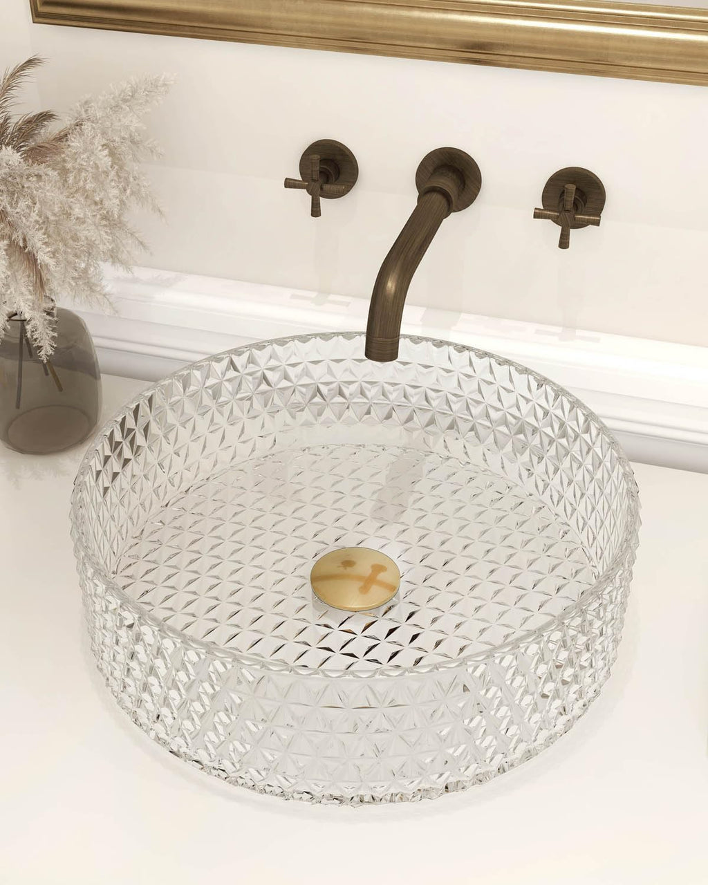 Homary Bathroom Vessel Sink Round Vessel Sink 15.35" x 4.33" Transparent Diamond Shaped Crystal Glass Bathroom Sink Above Counter with Pop-up Drain, Clear