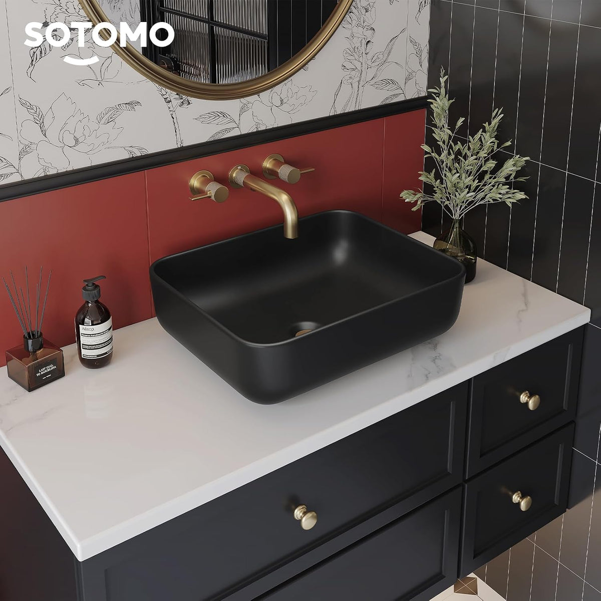 Matte Black Bathroom Vessel Sink Rectangular, 19.7â x 15.4â x 5.5â, Modern Countertop Bathroom Sink with Drainage Design, Above Counter Ceramic Basin for Powder Room - MJ-695