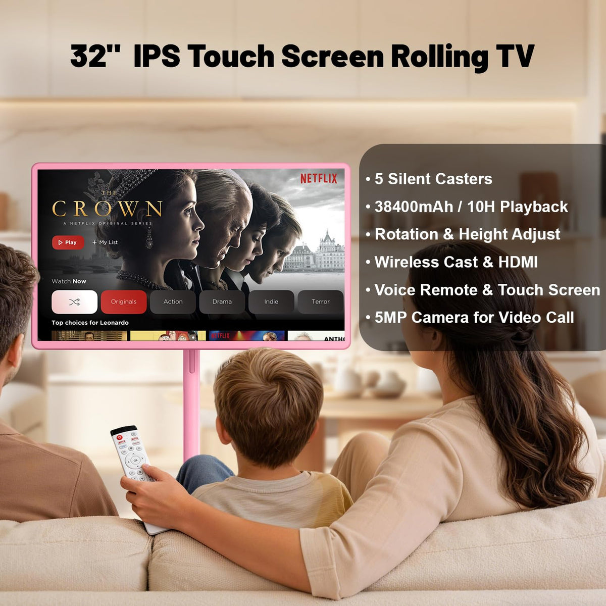 VLH 32 Inch Smart Portable TV Tablet with Rolling Stand, 1080P Touch Screen Rolling TV, Built-in 38400mAh Battery, Android 15, 8+128GB Wireless TV on Wheels with Remote, 360Â° Rotation, 5MP Camera