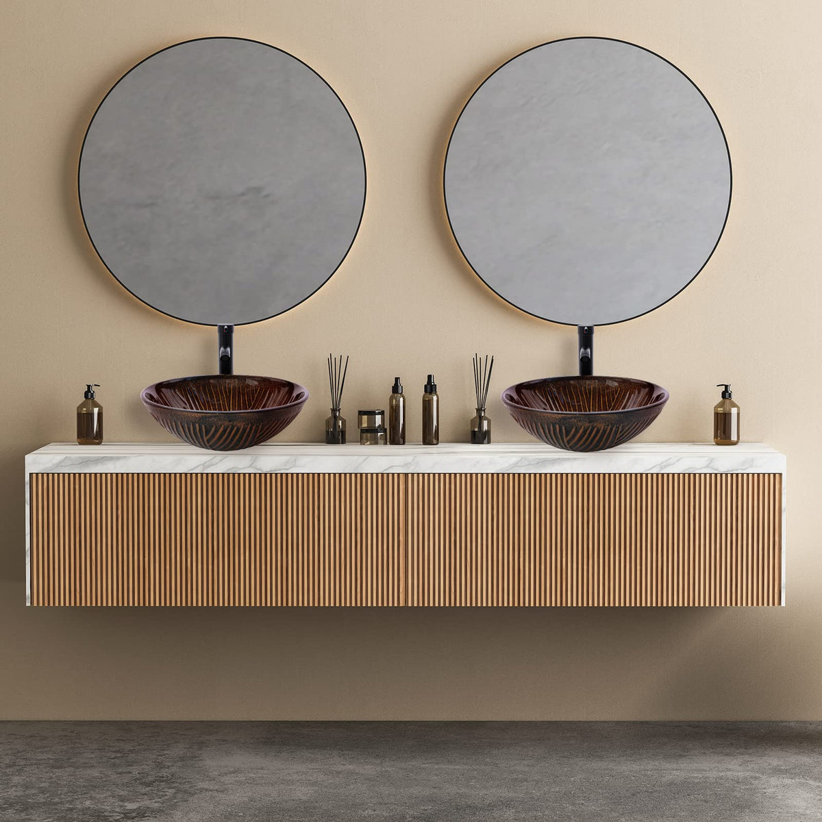 Design Vessel Sink Concrete Bathroom Sink above Counter Small Vessel Sink Bathroom Sink Bowl Countertop Modern Sinks with Faucet and Drain Combo 15.7" Round Gray