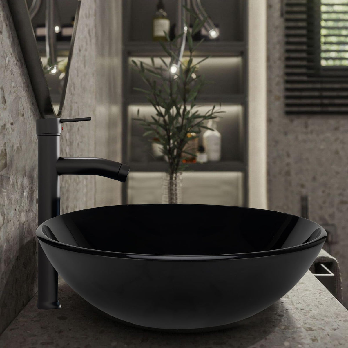 Design Vessel Sink Concrete Bathroom Sink above Counter Small Vessel Sink Bathroom Sink Bowl Countertop Modern Sinks with Faucet and Drain Combo 15.7" Round Gray