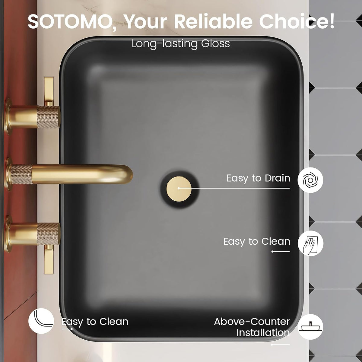 Matte Black Bathroom Vessel Sink Rectangular, 19.7â x 15.4â x 5.5â, Modern Countertop Bathroom Sink with Drainage Design, Above Counter Ceramic Basin for Powder Room - MJ-695