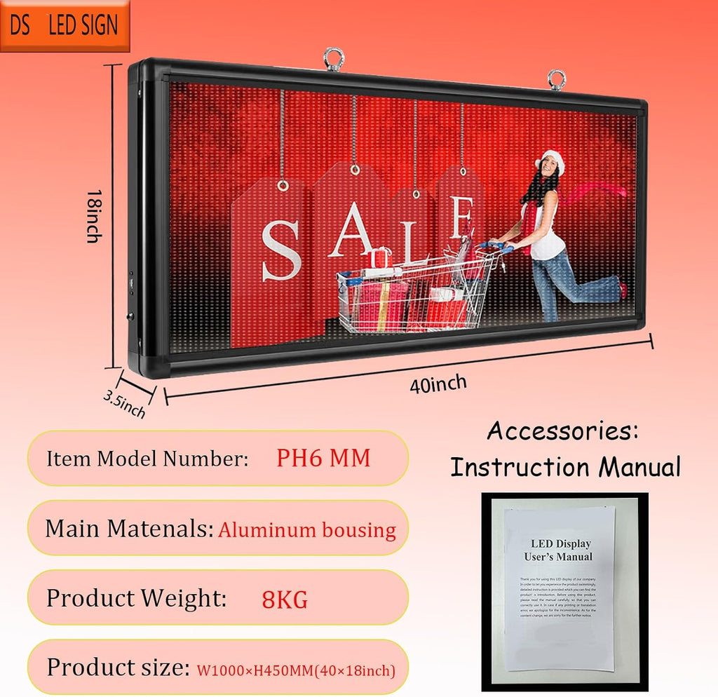 P6 Programmable LED Sign 40"x18" Outdoor Digital Display Board with Custom Scrolling Text,Electronic Message Board for Business Advertising, Waterproof Marquee Ticker
