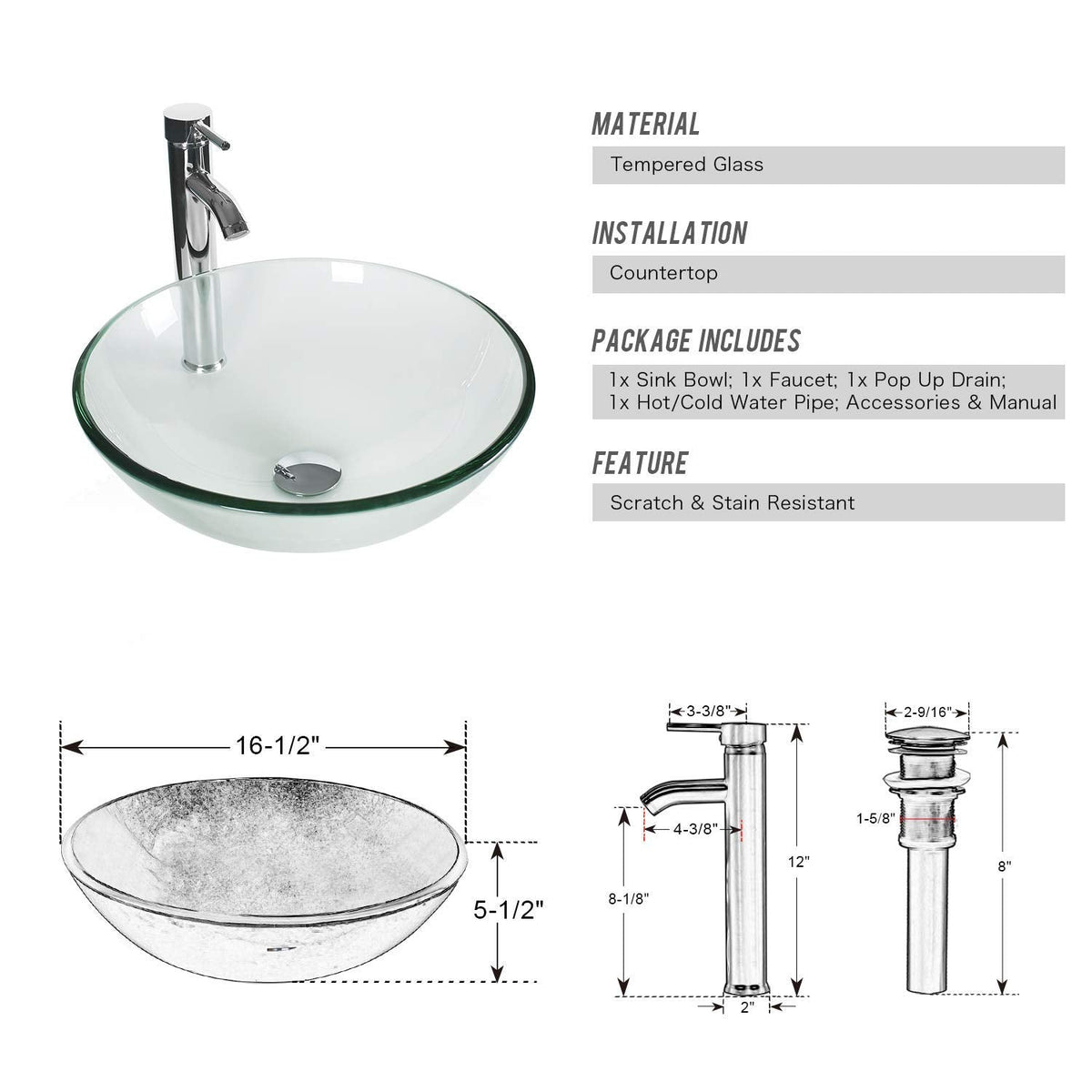 eclife 21.5" Bathroom Vessel Sink Modern Artistic Single Brown Boat Tempered Glass Basin Countertop Bowl Sink for Lavatory Vanity Cabinet, W/Water Save Faucet Pop Up Drain (A29BR)