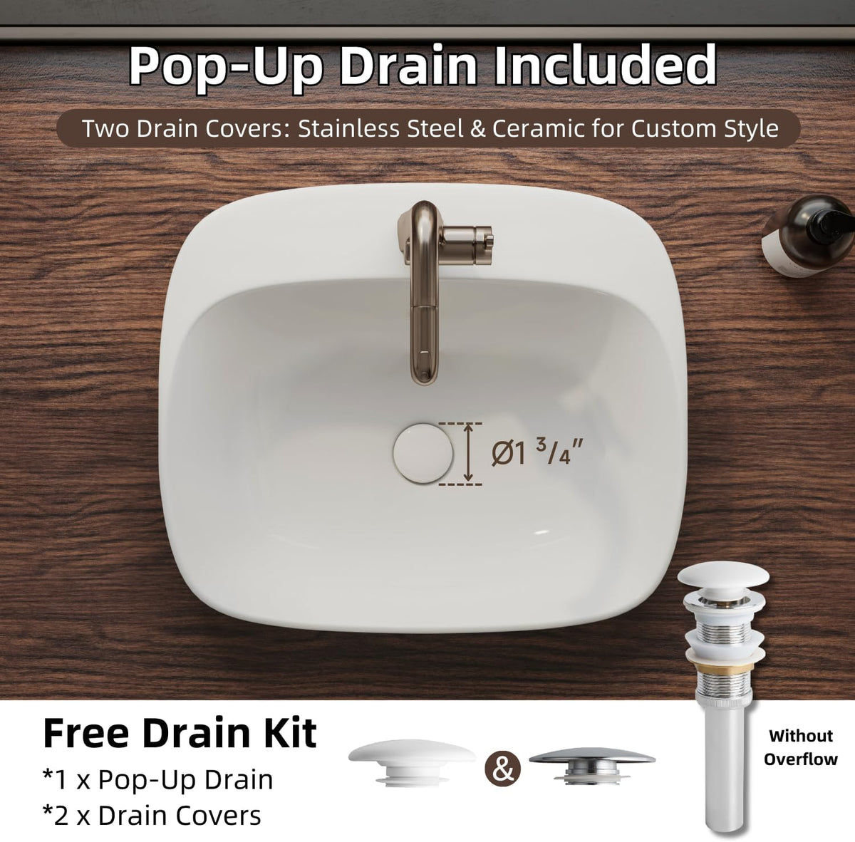 20â³W x 17â³D Drop In Bathroom Sink with Free Pop-Up Drain, White Ceramic Rectangular Semi Recessed Bathroom Sink with Single Faucet Hole, Modern Vessel Sink, Durable Above Counter Basin