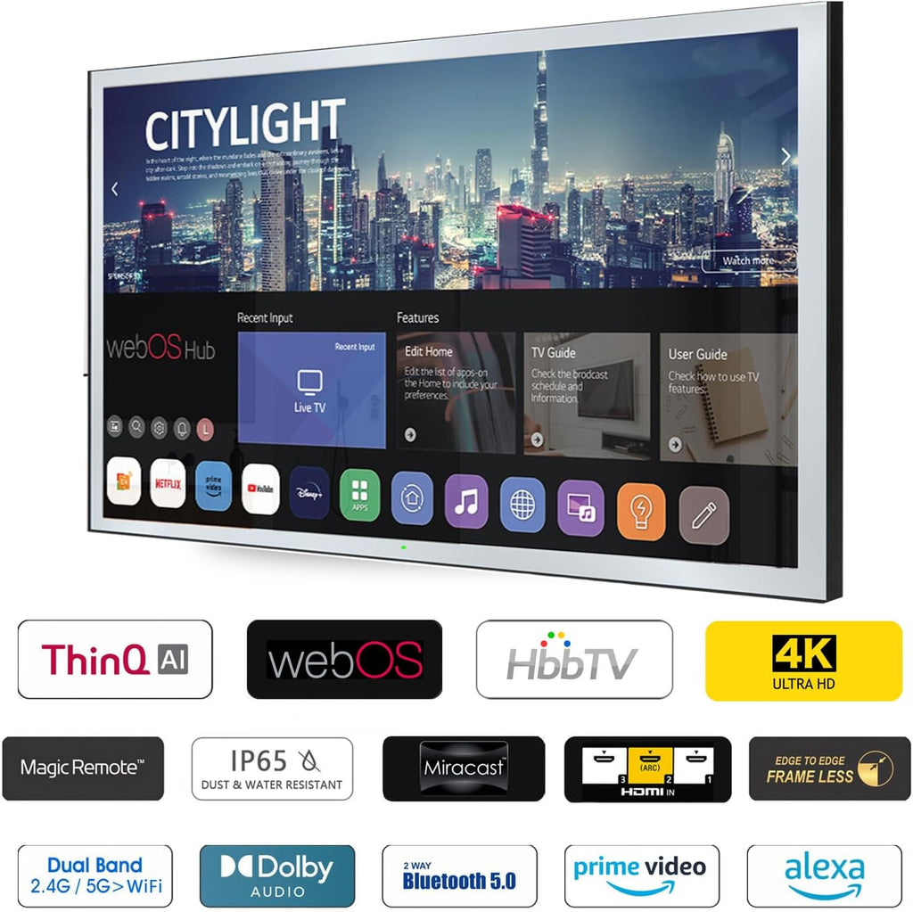Soulaca 55 inches Smart Waterproof Mirror TV 4K UHD webOS Built-in ATSC DTV Tuner Voice Control, Large Bathroom & Indoor Hotel Resort Television Wall-Mount Big Screen Pool