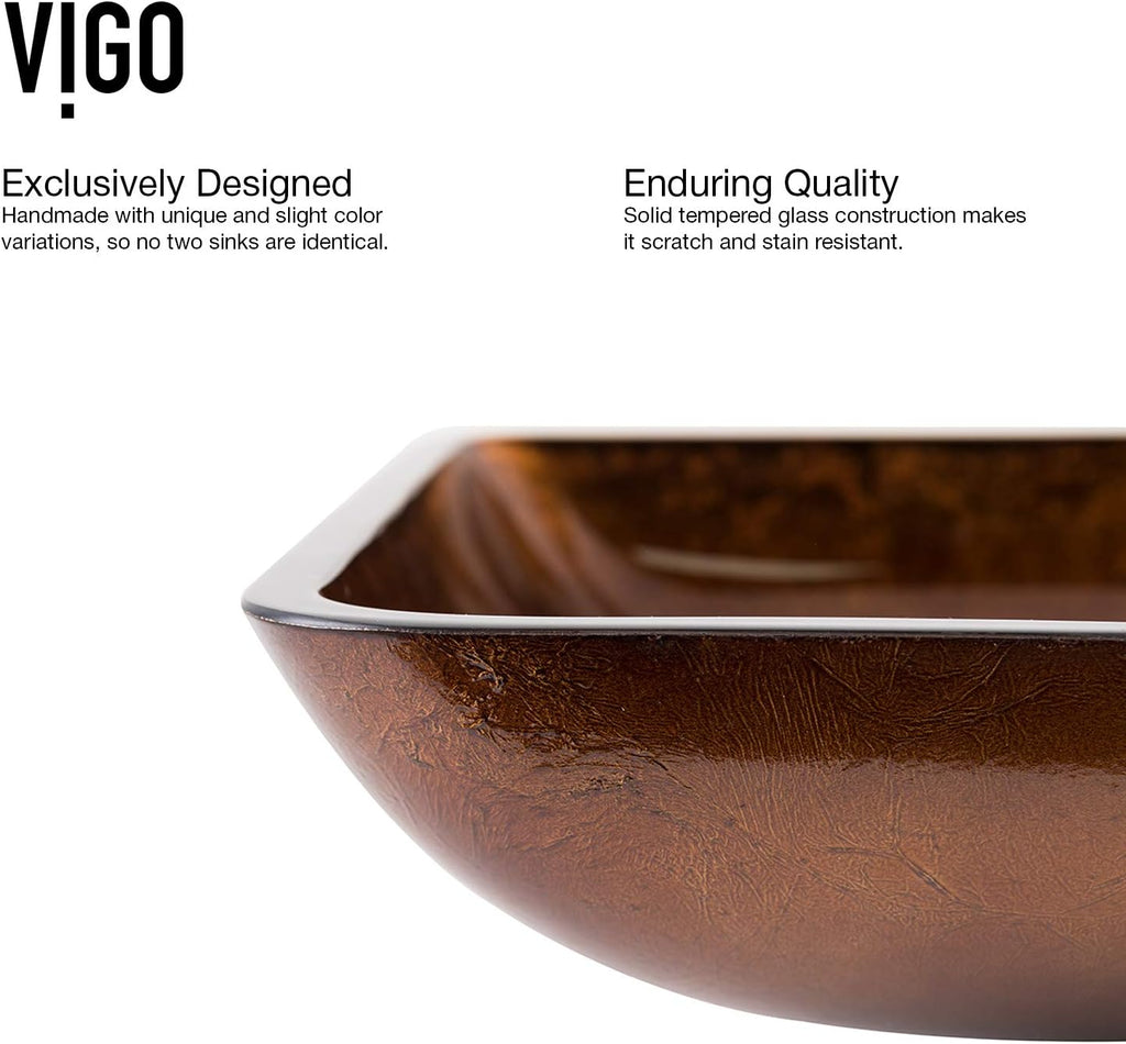 Vigo Vessel Sink Brown - 23â Artistic Rectangular Bathroom Vessel Sink, Tempered Glass Above Counter Sink with NonStickShield & QuickDrain, Modern Luxury Design