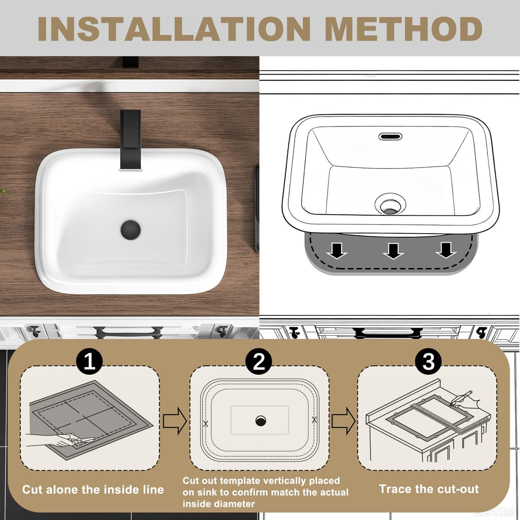 Small Bathroom Vessel Sink 16.7'' x 12.6'' Semi Recessed Bathroom Sink Rectangular Drop-in Vanity Sink with Overflow White Ceramic Modern Art Basin