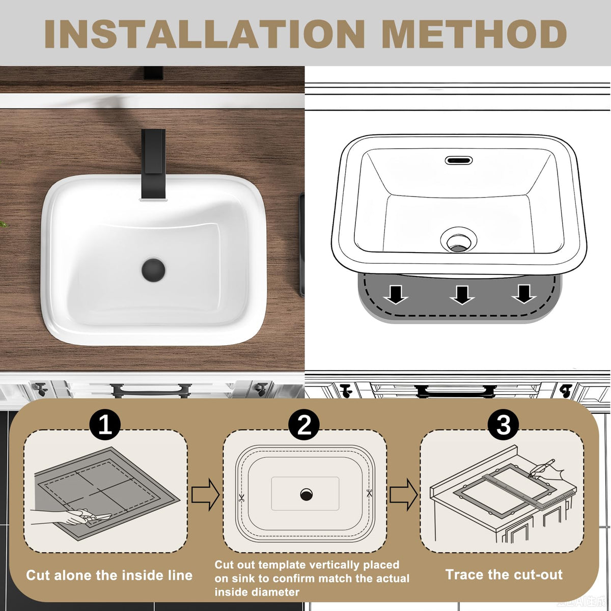 Small Bathroom Vessel Sink 16.7'' x 12.6'' Semi Recessed Bathroom Sink Rectangular Drop-in Vanity Sink with Overflow White Ceramic Modern Art Basin