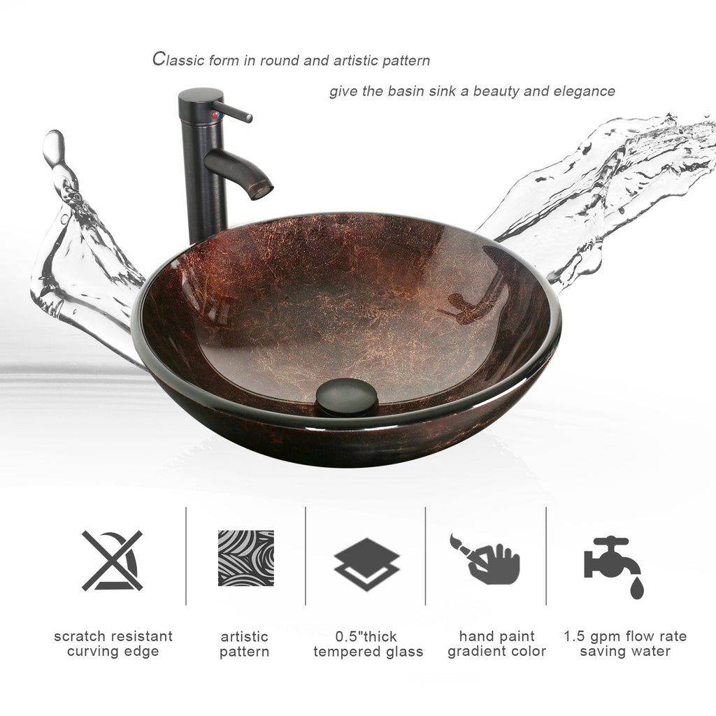eclife 21.5" Bathroom Vessel Sink Modern Artistic Single Brown Boat Tempered Glass Basin Countertop Bowl Sink for Lavatory Vanity Cabinet, W/Water Save Faucet Pop Up Drain (A29BR)