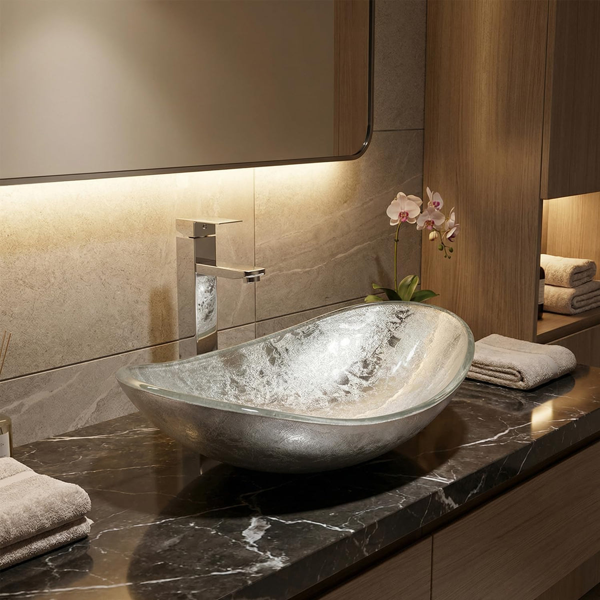 Bathroom Leaf Shape Artistic Glass Vessel Sink, Brown