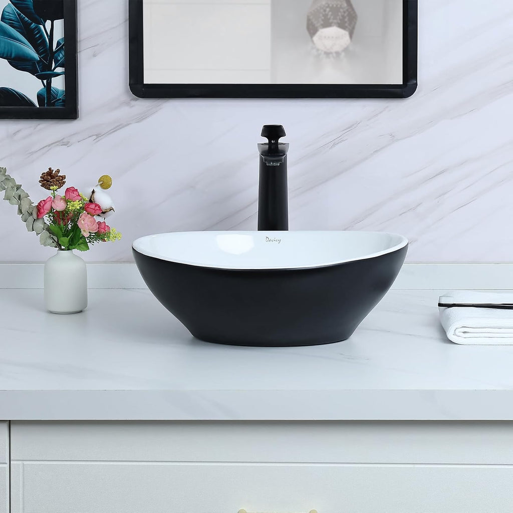 Davivy 15.7'' X 13.4'' Matte Black Oval Vessel Sink with Pop Up Drain,Bathroom Vessel Sinks,Ceramic Vessel Sink,Bathroom Sinks Above Counter,Matte Black Vessel Sinks for Bathrooms