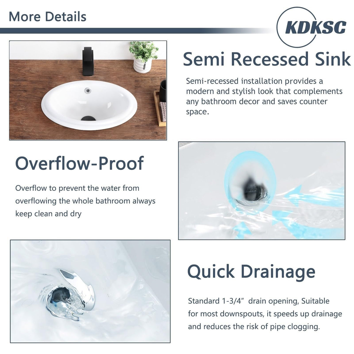 Bathroom Vessel Sink 16.7" X 12.6" Semi Recessed Bathroom Sink Rectangular Drop In Bathroom Sinks with Overflow White Ceramic Vessel Sinks for Bathroom Modern Above Counter Basin Vanity Sink