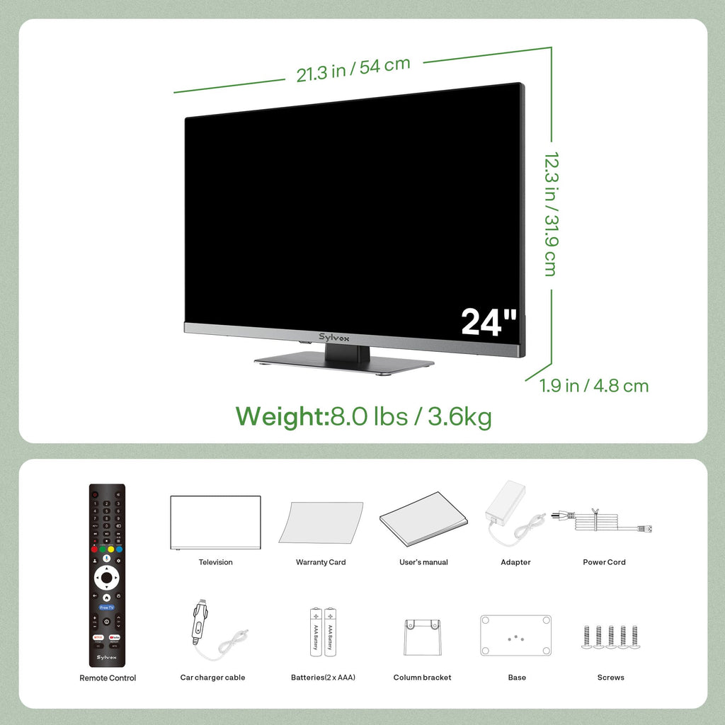 SYLVOX 24'' Smart RV TV, 12V/24V Google TV with Built-in DVD Player