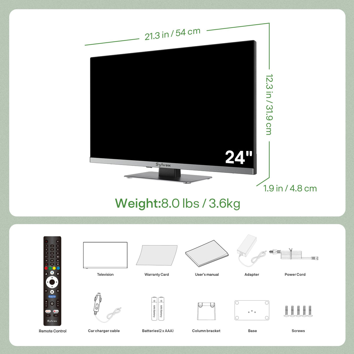 SYLVOX 24'' Smart RV TV, 12V/24V Google TV with Built-in DVD Player