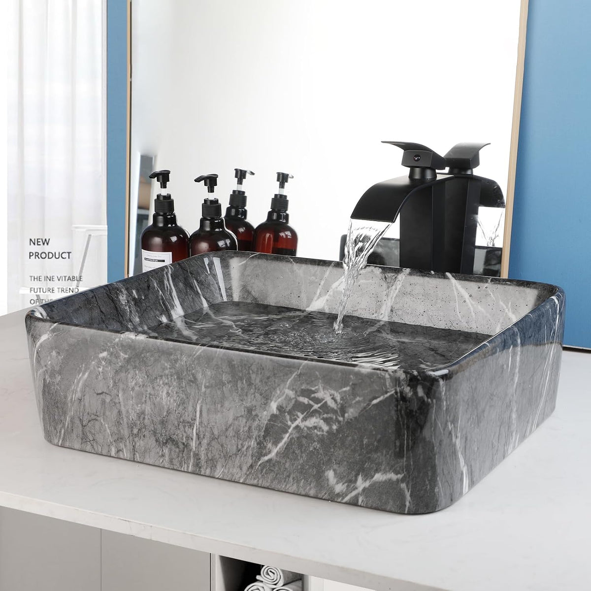 19"x15" Black Marbling Vessel Sink Set Rectangular