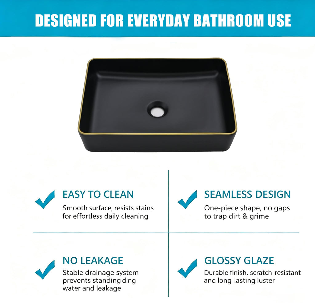 20 inch Black Vessel Sink Rectangular 20x14 Bathroom Above Counter