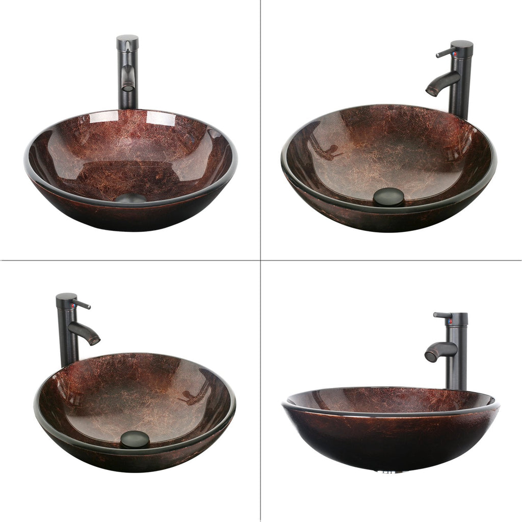 eclife 21.5" Bathroom Vessel Sink Modern Artistic Single Brown Boat Tempered Glass Basin Countertop Bowl Sink for Lavatory Vanity Cabinet, W/Water Save Faucet Pop Up Drain (A29BR)