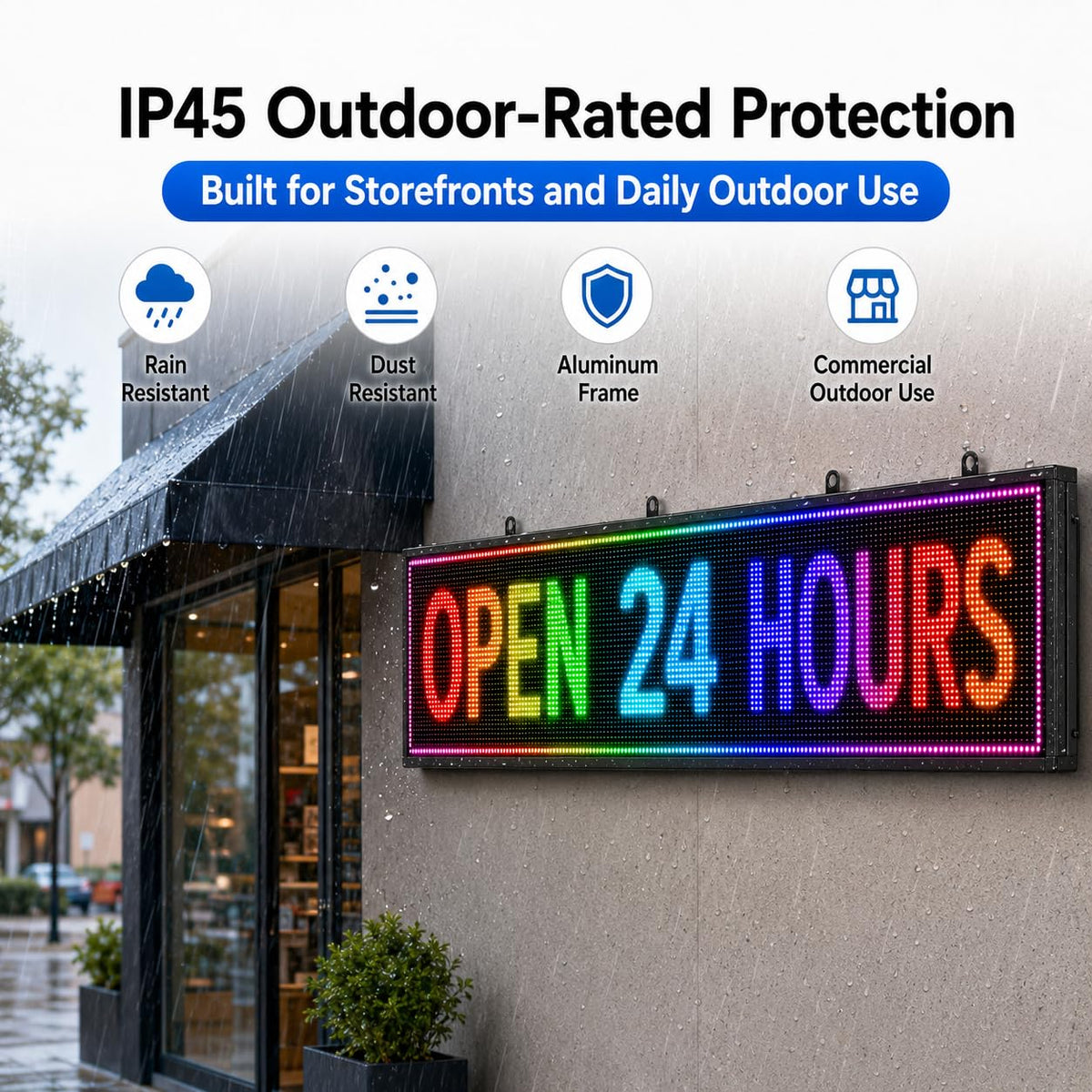 CX 65 x 34 Inch P5 Outdoor LED Sign, 320 x 160 Full-Color RGB Message Board with WiFi, Mobile App and USB Control, IP65 Display for Scrolling Text, Images and Video