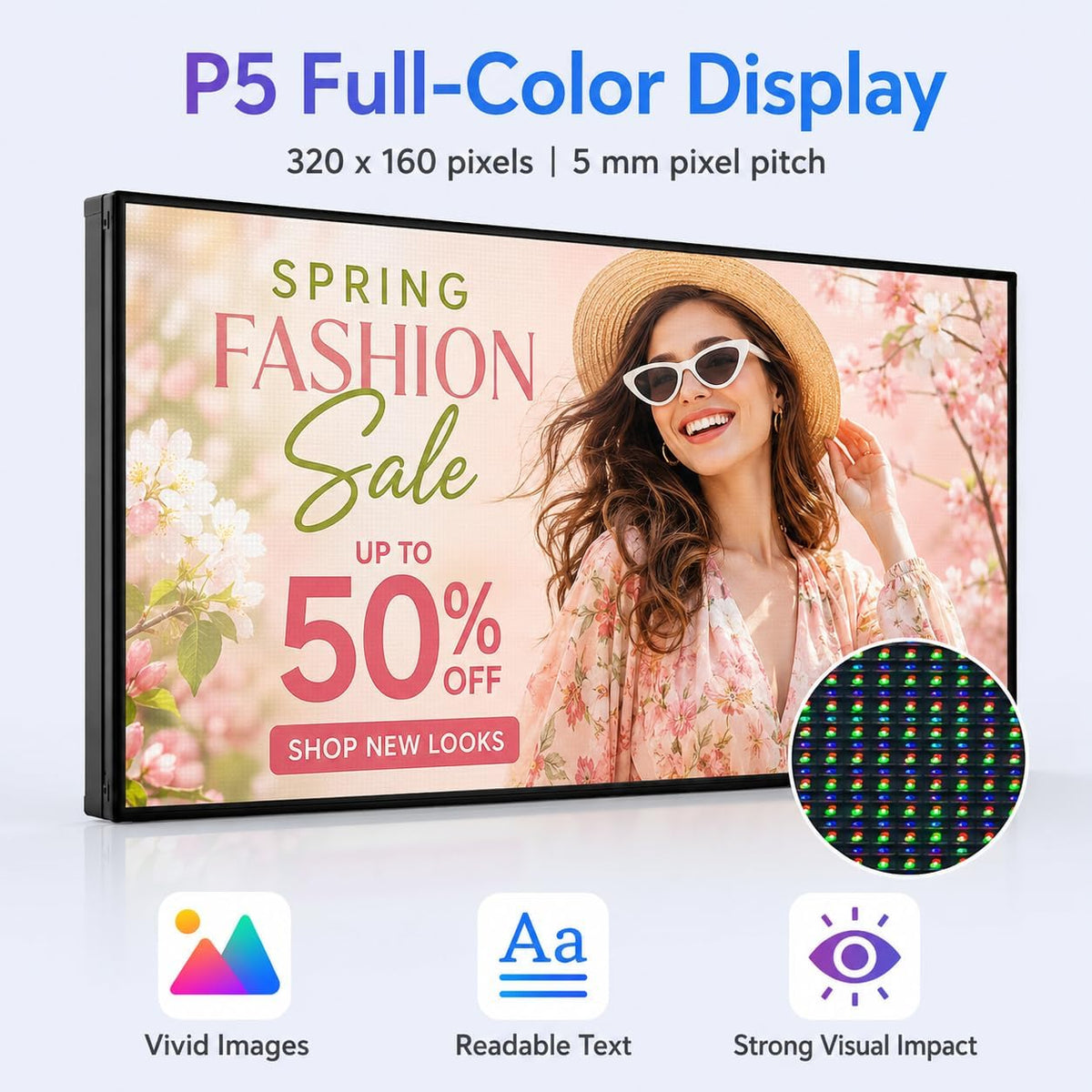 CX 65 x 34 Inch P5 Outdoor LED Sign, 320 x 160 Full-Color RGB Message Board with WiFi, Mobile App and USB Control, IP65 Display for Scrolling Text, Images and Video
