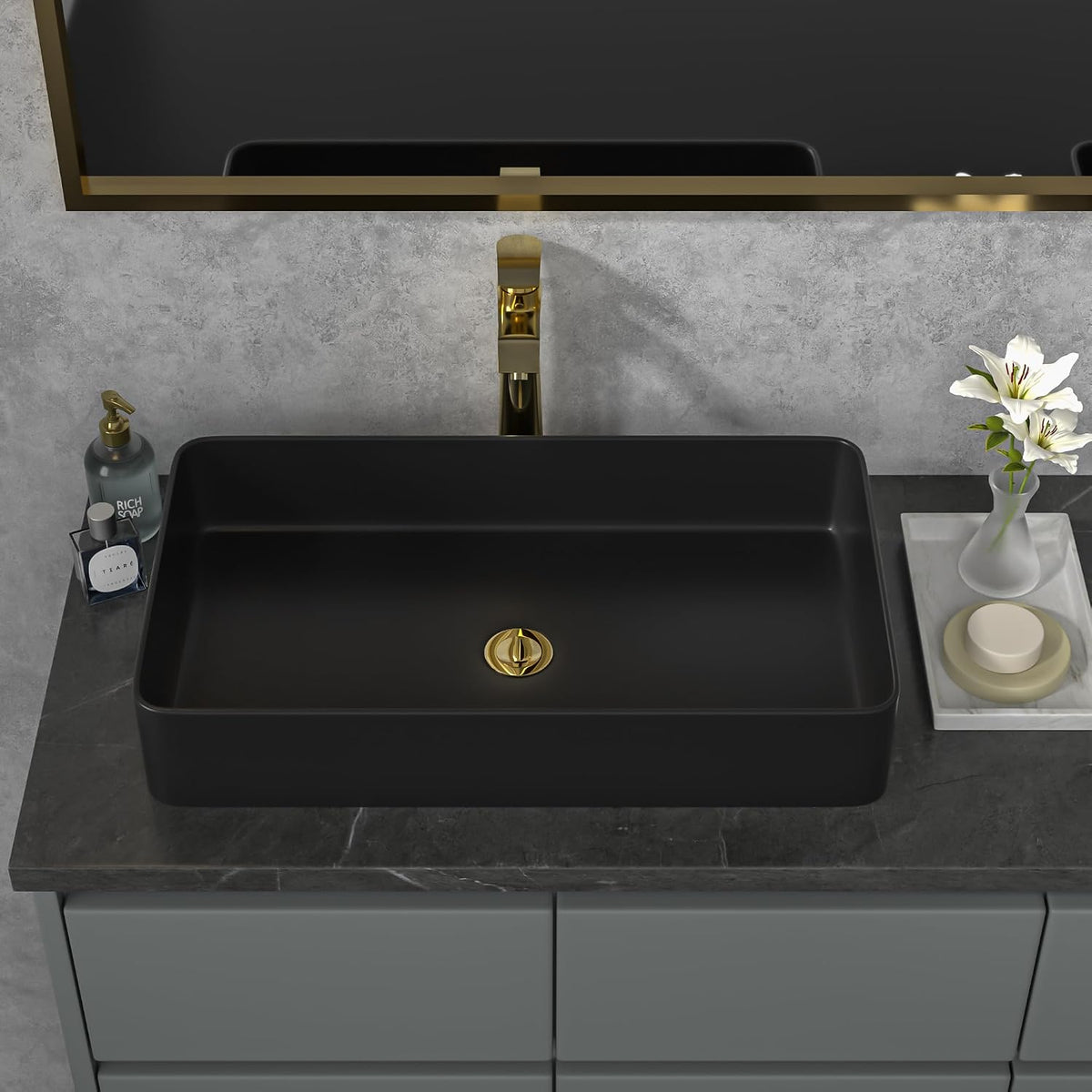 Sarlai Black Vessel Sink Rectangular - 24"x14" Modern Bathroom Vessel Sink Rectangle Above Counter Black Ceramic Porcelain Lavatory Vanity Sink Art Basin